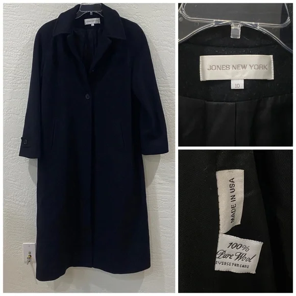 Vintage Black long 100% pure wool overcoat jacket by Jones New York sz 10 S/M - Picture 6 of 9